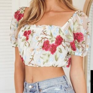 Floral White Embroidered Mesh Puff Sleeve Crop Top